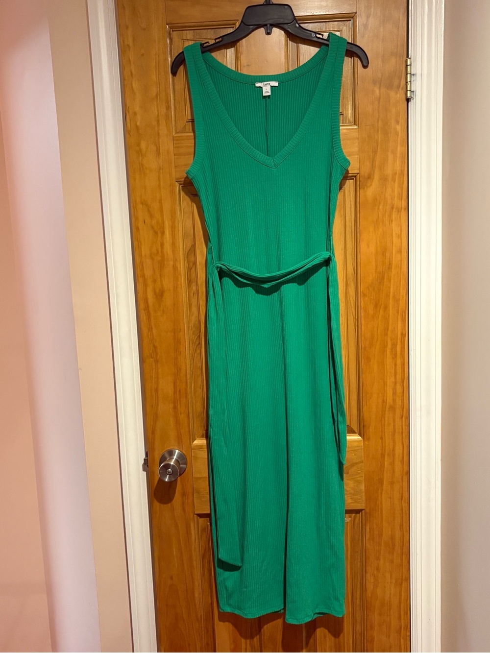Bar III Emerald Green Ribbed Maxi Dress with Waist Tie